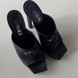 Versace Black Leather Medusa Slide Mules